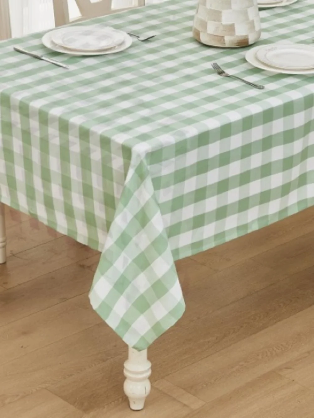 Gingham Tablecloth Cotton Blend Rectangular  95x55” GREEN WHITE